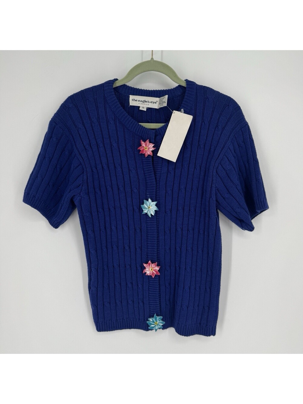 Vintage Eagles Eye sweater womens small S blue ribbed knit floral button 90s y2k